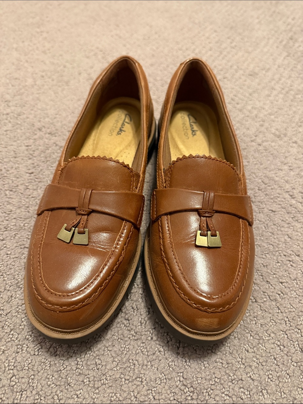 Clarks Women’s Brown Leather Tassel Loafers with Gold Accents